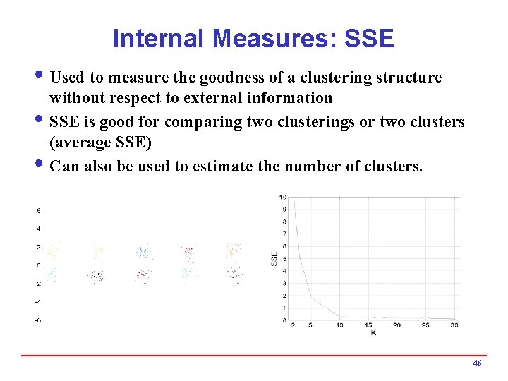 Internal Measures: SSE i Used to measure the goodness of a clustering structure without