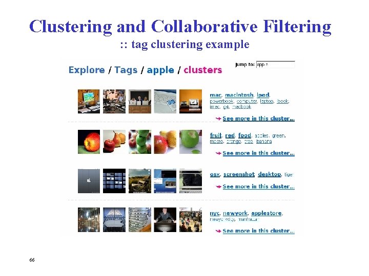 Clustering and Collaborative Filtering : : tag clustering example 66 