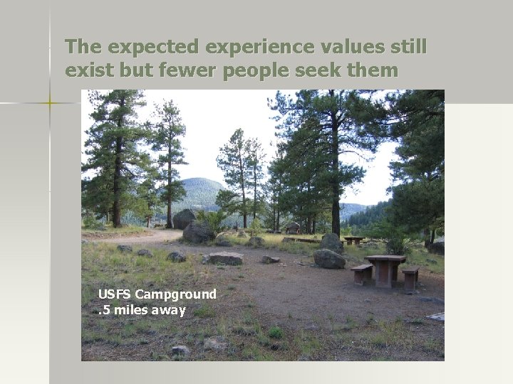 The expected experience values still exist but fewer people seek them USFS Campground. 5 The expected experience values still exist but fewer people seek them USFS Campground. 5