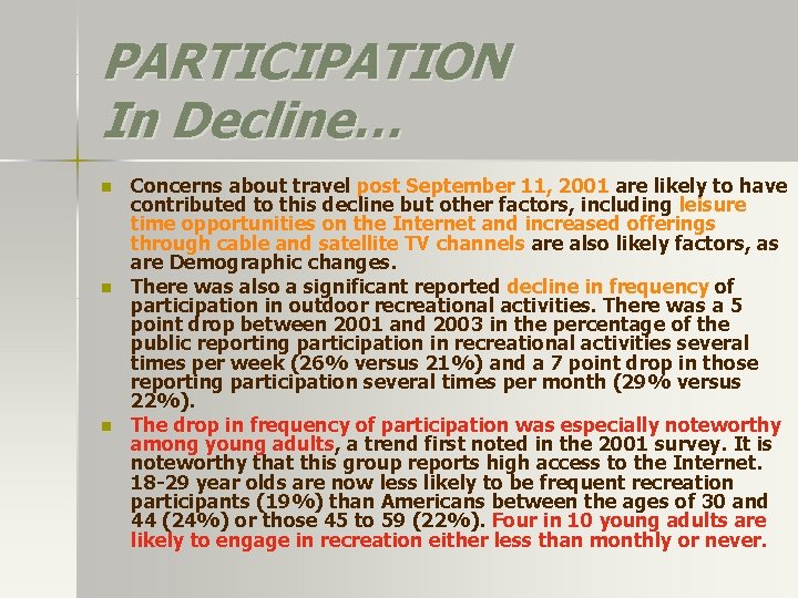 PARTICIPATION In Decline… n n n Concerns about travel post September 11, 2001 are PARTICIPATION In Decline… n n n Concerns about travel post September 11, 2001 are