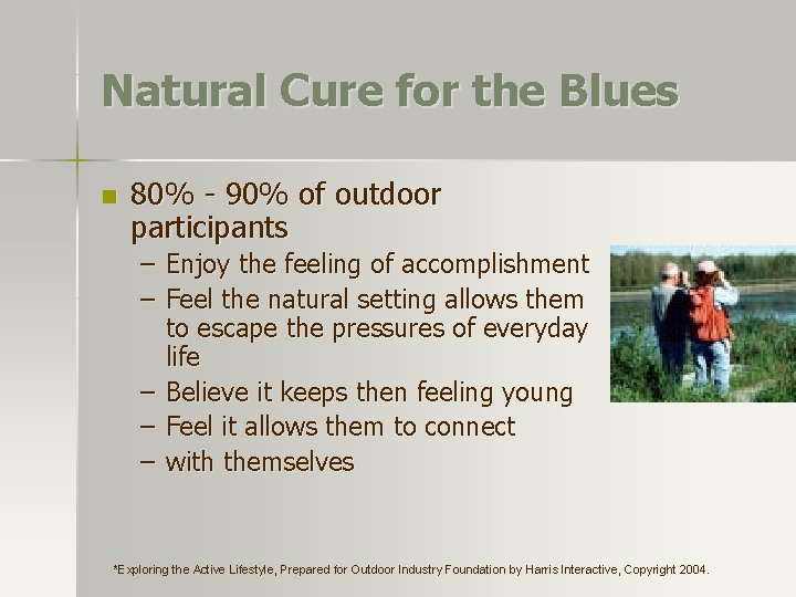 Natural Cure for the Blues n 80% - 90% of outdoor participants – – Natural Cure for the Blues n 80% - 90% of outdoor participants – –