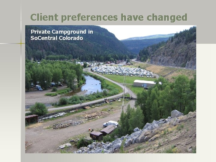 Client preferences have changed Private Campground in So. Central Colorado Client preferences have changed Private Campground in So. Central Colorado