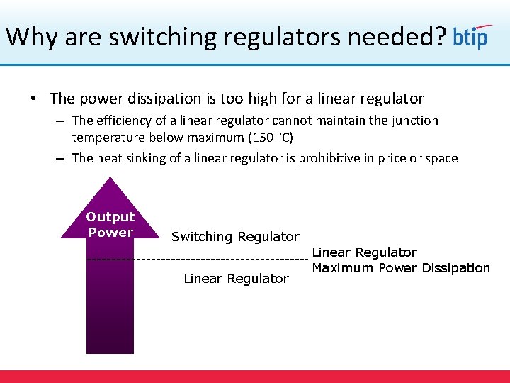 Why are switching regulators needed? • The power dissipation is too high for a