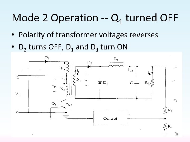 Mode 2 Operation -- Q 1 turned OFF • Polarity of transformer voltages reverses