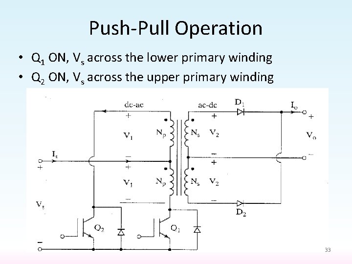 Push-Pull Operation • Q 1 ON, Vs across the lower primary winding • Q