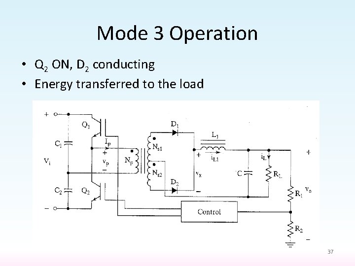 Mode 3 Operation • Q 2 ON, D 2 conducting • Energy transferred to