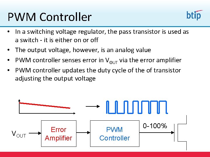 PWM Controller • In a switching voltage regulator, the pass transistor is used as