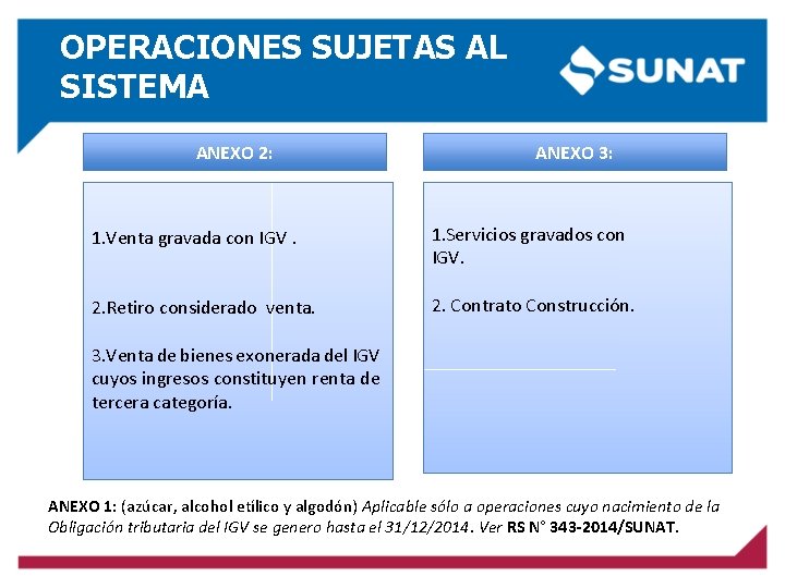 OPERACIONES SUJETAS AL SISTEMA ANEXO 2: ANEXO 3: 1. Servicios gravados con IGV. 1.