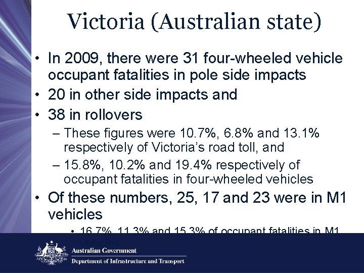 Victoria (Australian state) • In 2009, there were 31 four-wheeled vehicle occupant fatalities in