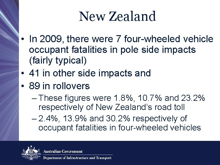 New Zealand • In 2009, there were 7 four-wheeled vehicle occupant fatalities in pole