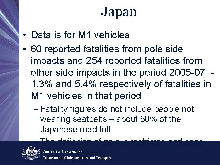 Japan • Data is for M 1 vehicles • 60 reported fatalities from pole