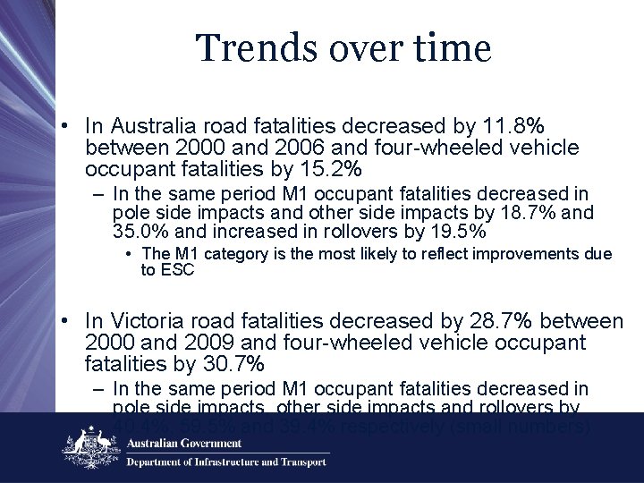 Trends over time • In Australia road fatalities decreased by 11. 8% between 2000