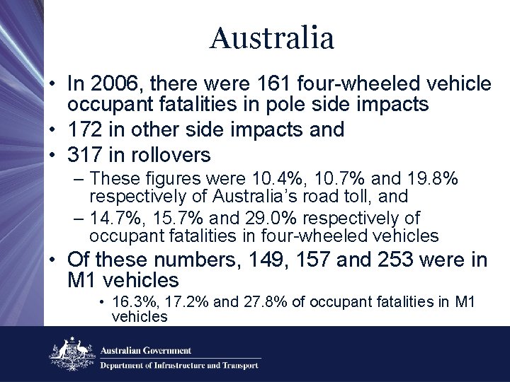 Australia • In 2006, there were 161 four-wheeled vehicle occupant fatalities in pole side