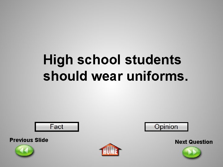 High school students should wear uniforms. Previous Slide Next Question 