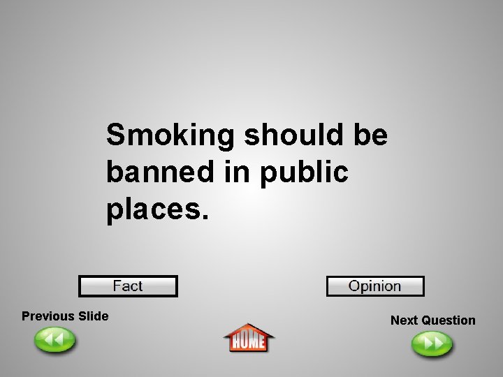 Smoking should be banned in public places. Previous Slide Next Question 