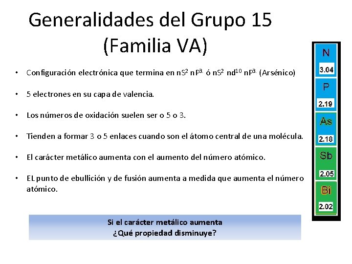 Generalidades del Grupo 15 (Familia VA) • Configuración electrónica que termina en n. S