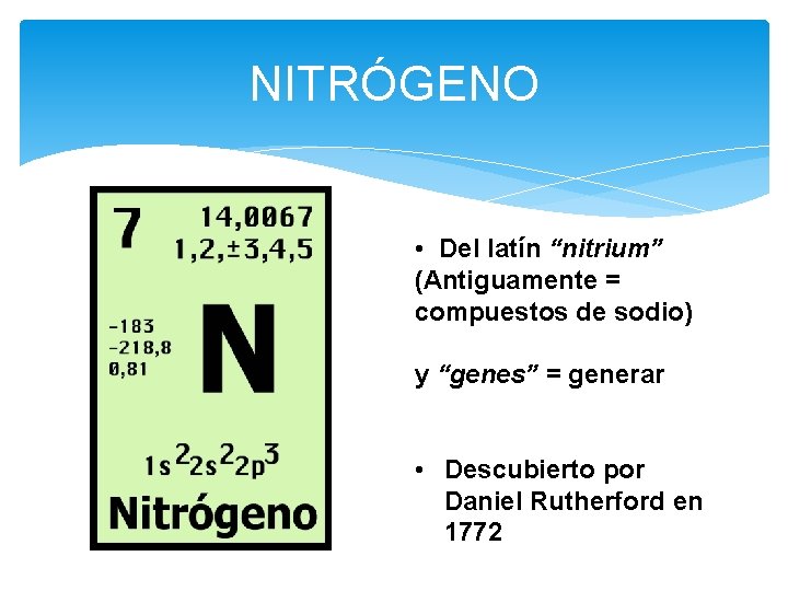 NITRÓGENO • Del latín “nitrium” (Antiguamente = compuestos de sodio) y “genes” = generar