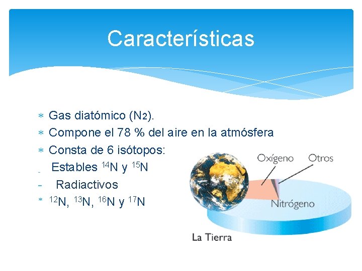 Características Gas diatómico (N 2). Compone el 78 % del aire en la atmósfera