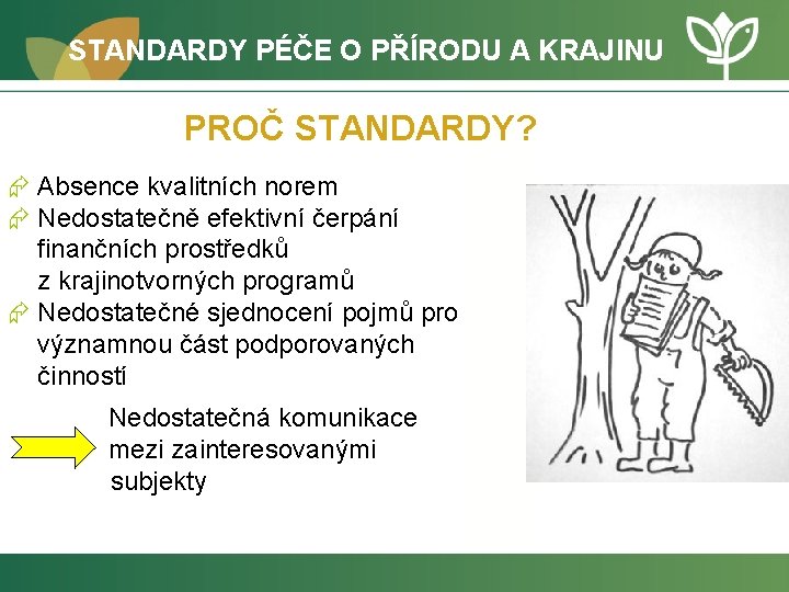 STANDARDY PÉČE O PŘÍRODU A KRAJINU PROČ STANDARDY? Æ Absence kvalitních norem Æ Nedostatečně