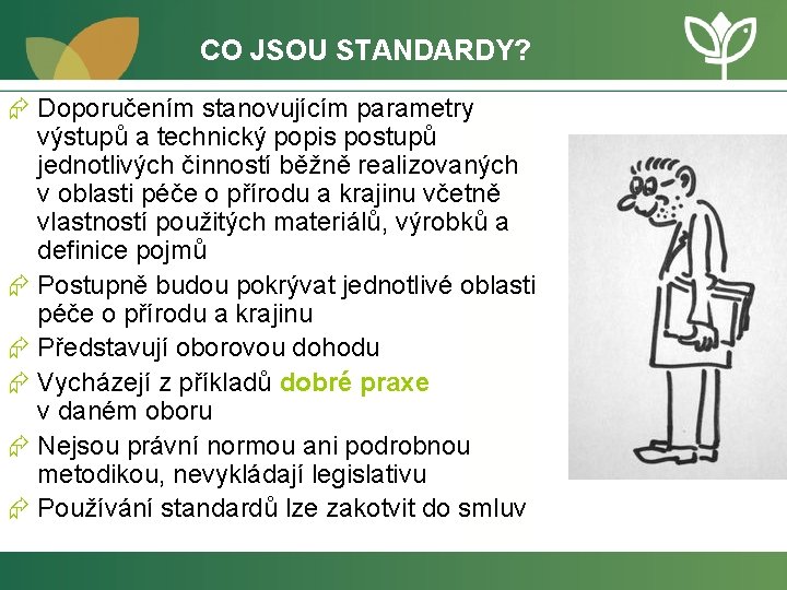 CO JSOU STANDARDY? Æ Doporučením stanovujícím parametry výstupů a technický popis postupů jednotlivých činností