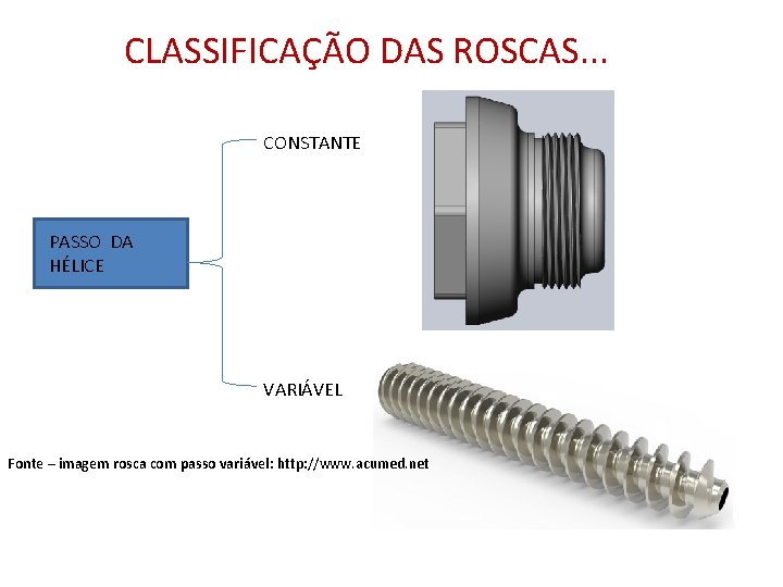 CLASSIFICAÇÃO DAS ROSCAS. . . CONSTANTE PASSO DA HÉLICE VARIÁVEL Fonte – imagem rosca