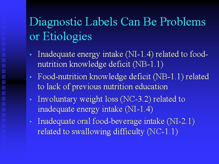 Diagnostic Labels Can Be Problems or Etiologies • • Inadequate energy intake (NI-1. 4) Diagnostic Labels Can Be Problems or Etiologies • • Inadequate energy intake (NI-1. 4)