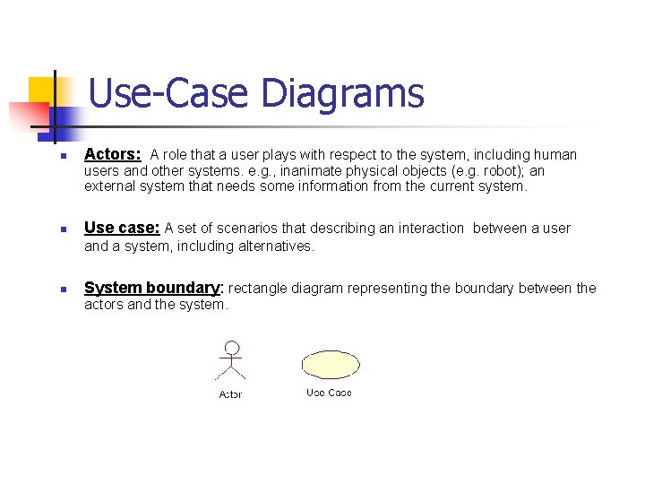 Use-Case Diagrams n Actors: A role that a user plays with respect to the
