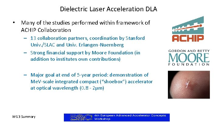 Dielectric Laser Acceleration DLA • Many of the studies performed within framework of ACHIP