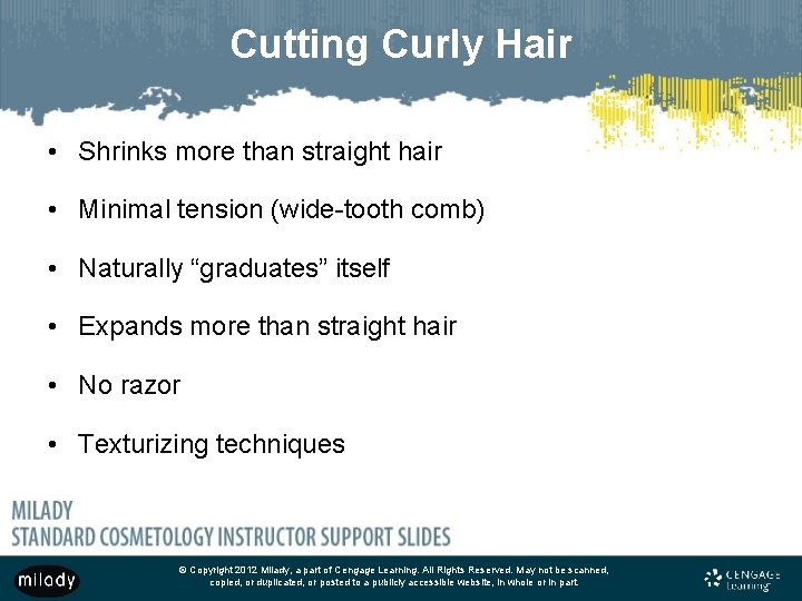 Cutting Curly Hair • Shrinks more than straight hair • Minimal tension (wide-tooth comb)