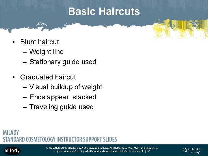Basic Haircuts • Blunt haircut – Weight line – Stationary guide used • Graduated