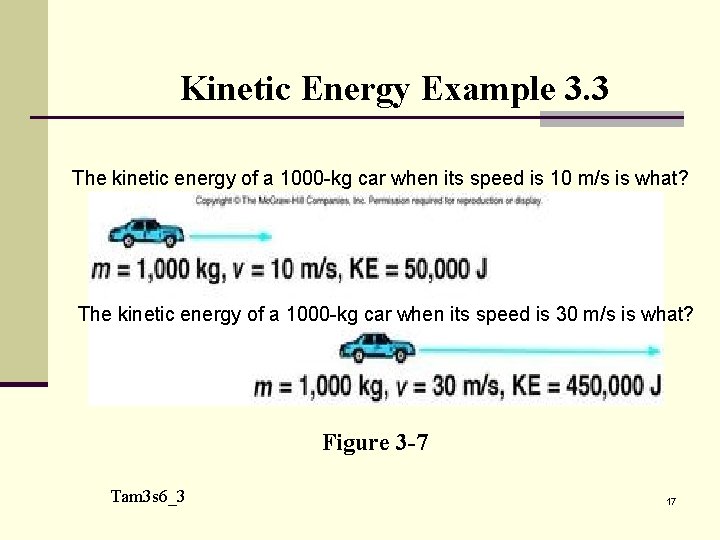 Kinetic Energy Example 3. 3 The kinetic energy of a 1000 -kg car when