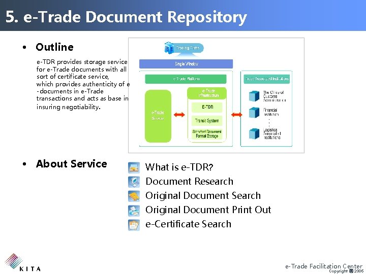5. e-Trade Document Repository • Outline e-TDR provides storage service for e-Trade documents with