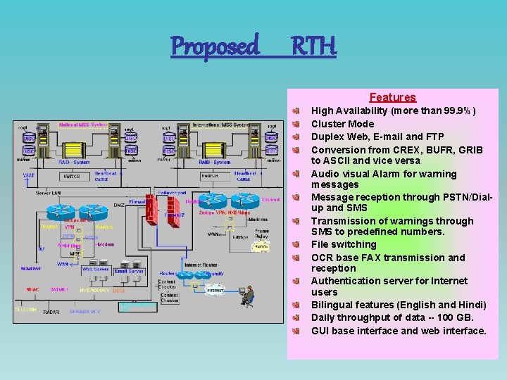 Proposed RTH Features High Availability (more than 99. 9%) Cluster Mode Duplex Web, E-mail