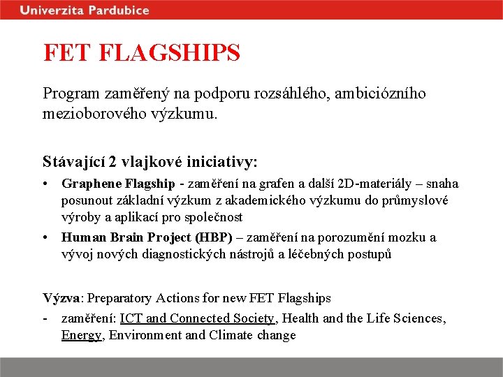 FET FLAGSHIPS Program zaměřený na podporu rozsáhlého, ambiciózního mezioborového výzkumu. Stávající 2 vlajkové iniciativy: