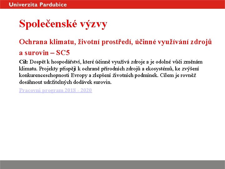 Společenské výzvy Ochrana klimatu, životní prostředí, účinné využívání zdrojů a surovin – SC 5