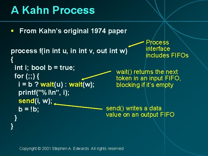 A Kahn Process § From Kahn’s original 1974 paper Process interface includes FIFOs process