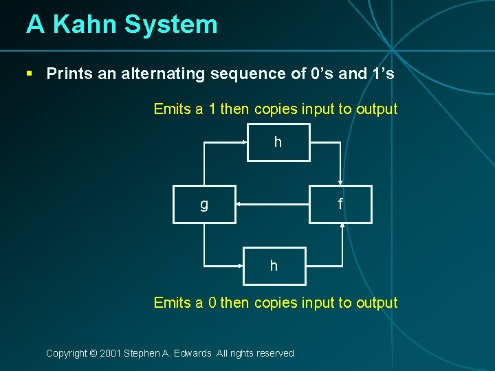 A Kahn System § Prints an alternating sequence of 0’s and 1’s Emits a