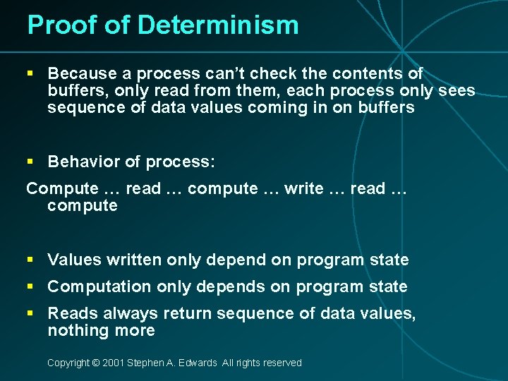 Proof of Determinism § Because a process can’t check the contents of buffers, only