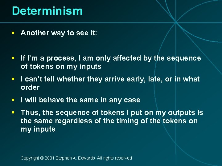 Determinism § Another way to see it: § If I’m a process, I am