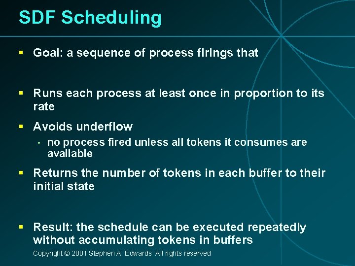 SDF Scheduling § Goal: a sequence of process firings that § Runs each process