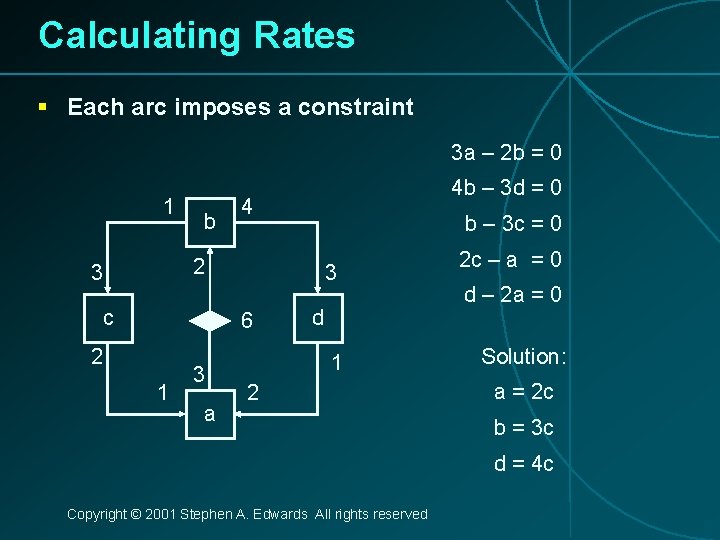 Calculating Rates § Each arc imposes a constraint 3 a – 2 b =