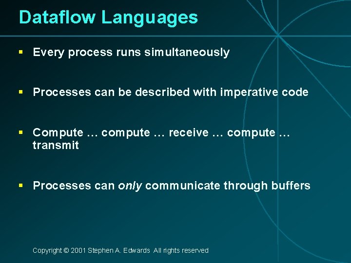 Dataflow Languages § Every process runs simultaneously § Processes can be described with imperative