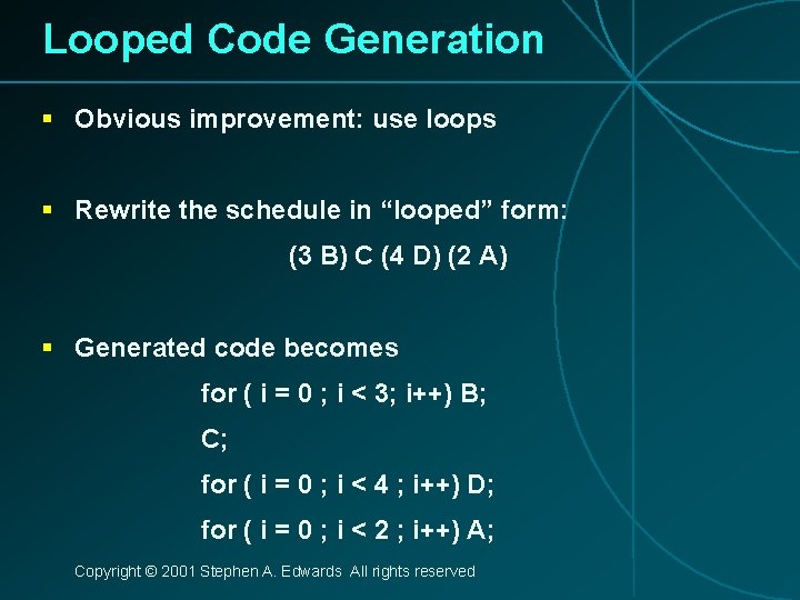 Looped Code Generation § Obvious improvement: use loops § Rewrite the schedule in “looped”