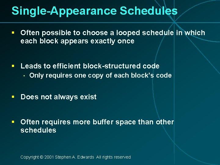 Single-Appearance Schedules § Often possible to choose a looped schedule in which each block