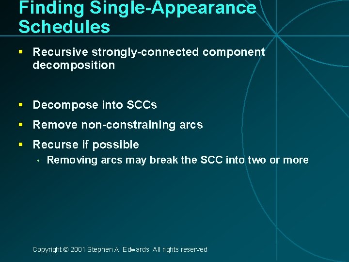 Finding Single-Appearance Schedules § Recursive strongly-connected component decomposition § Decompose into SCCs § Remove