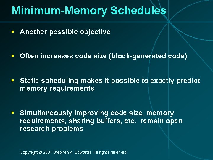 Minimum-Memory Schedules § Another possible objective § Often increases code size (block-generated code) §