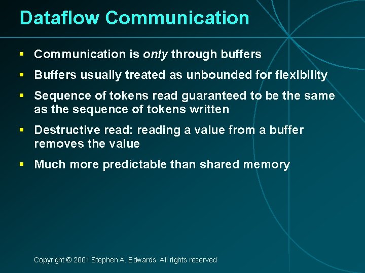 Dataflow Communication § Communication is only through buffers § Buffers usually treated as unbounded
