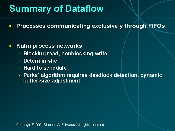 Summary of Dataflow § Processes communicating exclusively through FIFOs § Kahn process networks •