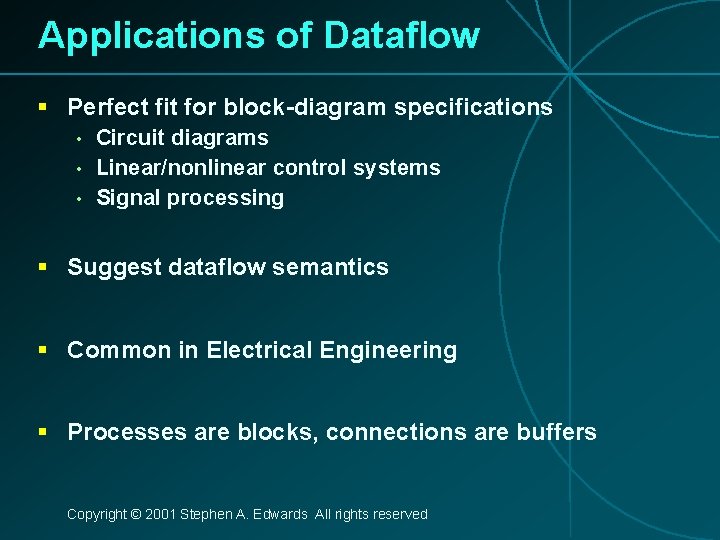 Applications of Dataflow § Perfect fit for block-diagram specifications • • • Circuit diagrams