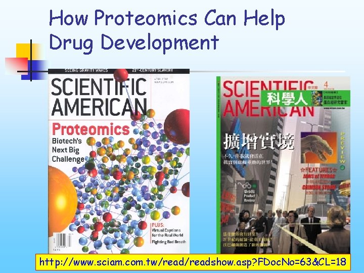 How Proteomics Can Help Drug Development http: //www. sciam. com. tw/readshow. asp? FDoc. No=63&CL=18